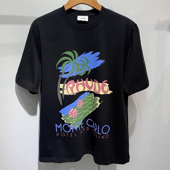 Rhude With Monte Carlo Casino - Inspired Print Black T-Shirt - Picture 1 of 6